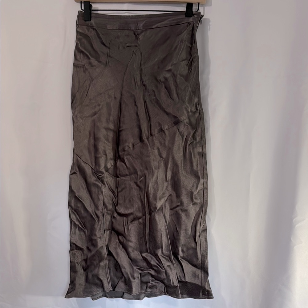 Hutch | Metallic Gray Midi Pencil Skirt with Ruched Detail